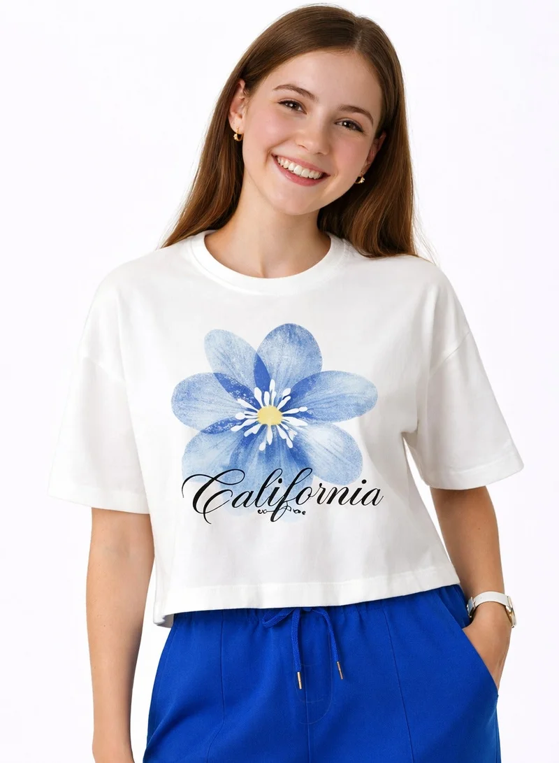 victor and jane Girls 2 Pc Set Floral Print T-Shirt & Barrel Pants Set – White & Blue